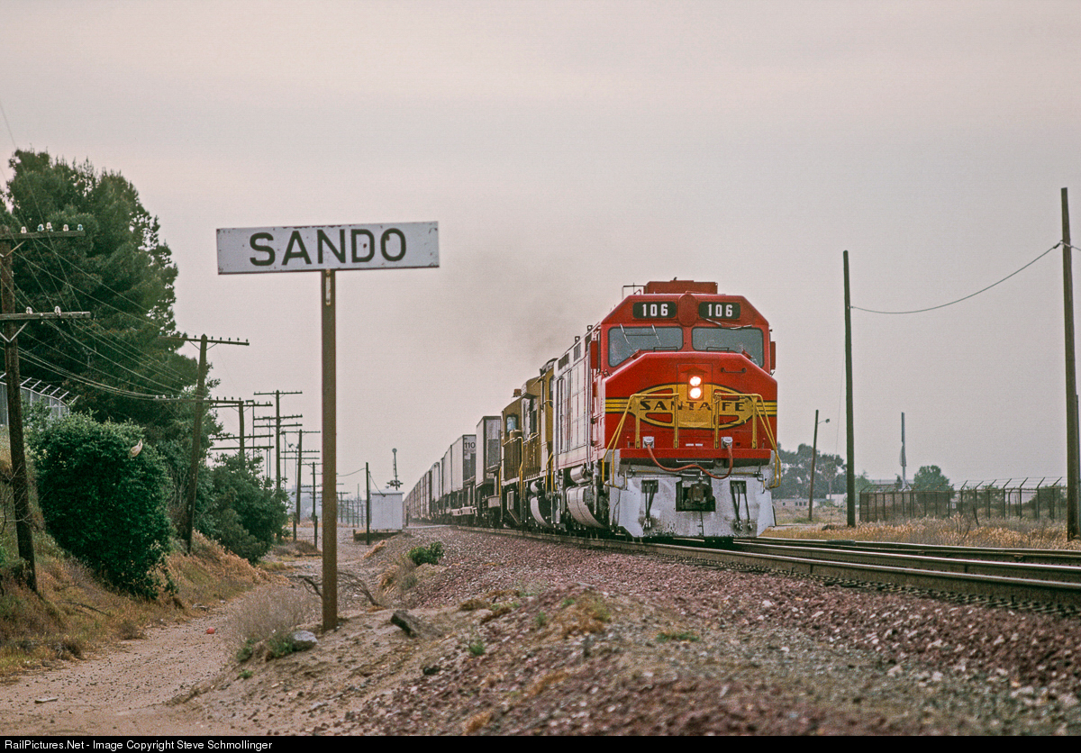 ATSF 100 Atchison, Topeka & Santa Fe (ATSF) EMD FP45 at Christie,  California by Steve Schmollinger